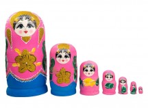 Set Papusa Matrioska, 7 piese, lemn, roz inchis