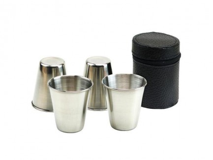 Set 4 pahare 80 ml, din inox, suport teaca de piele sintetica