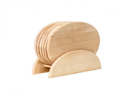 Set 6 tocatoare din lemn de fag, plus suport, oval