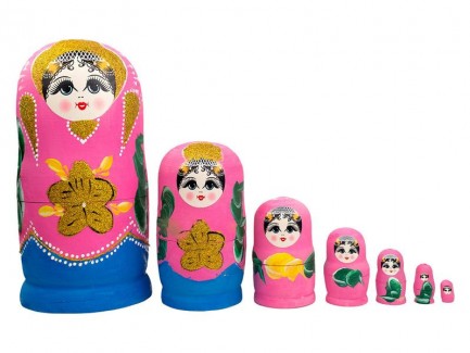 Set Papusa Matrioska, 7 piese, lemn, roz inchis