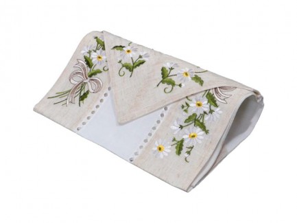 Fata de masa din In brodat cu motive margarete, bordura bej 180 x 40 cm traversa