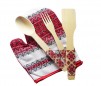 Set ustensile de bucatarie lemn si manusa rosu, motive traditionale